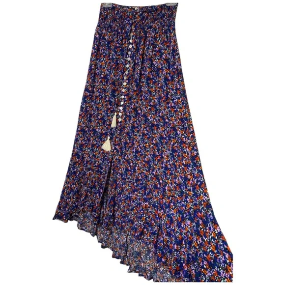 Rachel Zoe Boho Maxi Skirt S Blue Floral Smocked Waist Button Up Cottagecore - Picture 3 of 6